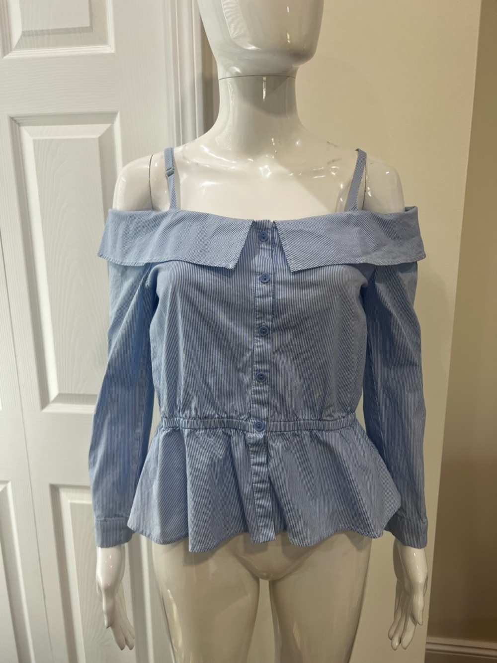 Shinestar Top Women Medium Blue Off The Shoulder Striped Romantic Peplum Preppy